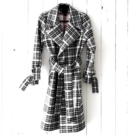 MAISON CINQCENT 500 Checks Plaid Black White Tie Trench Coat at Revolve … - Picture 6 of 13